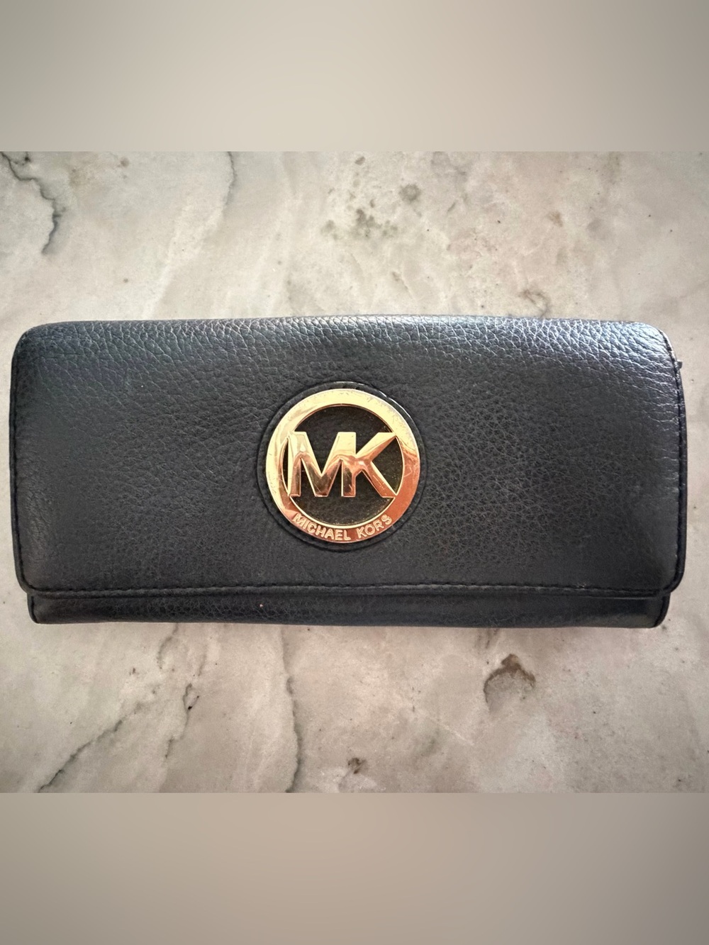 Michael Kors Black Leather Clutch with Gold MK Emblem